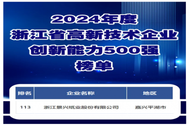 喜報！景興紙業入選浙江省高新技術企業創新能力500強榜單